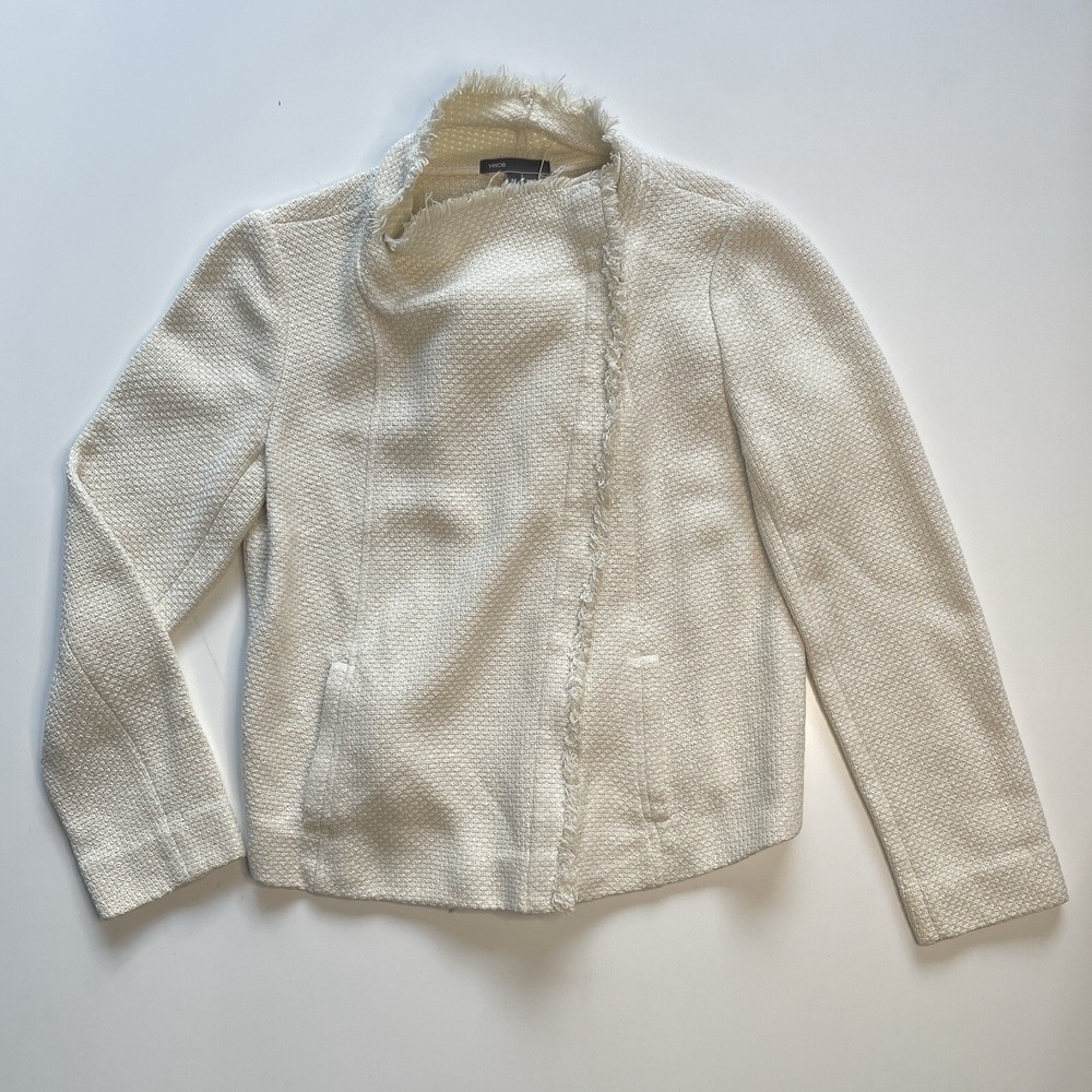 VINCE Frayed Edge Scuba Jacket‎ Womens Medium Ivory Asymmetrical Cotton Blend